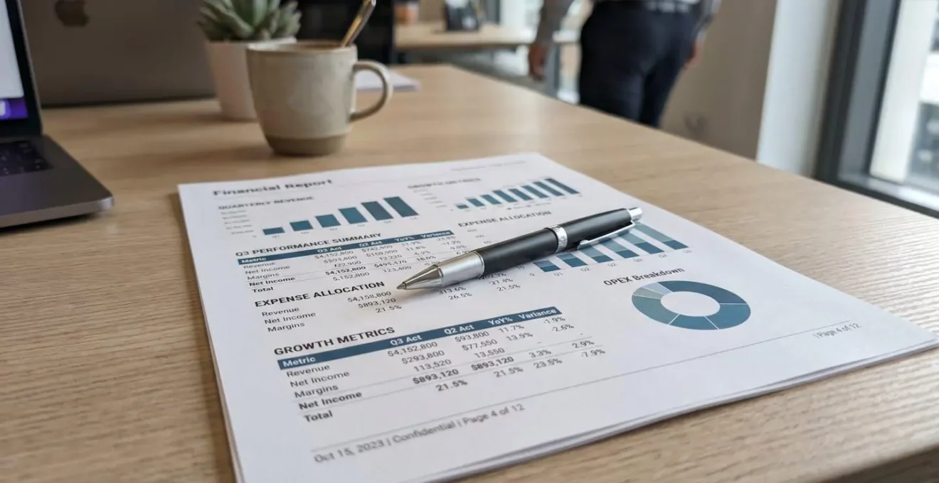 Gros plan sur une feuille de tableau de bord financier avec des chiffres floutés et un stylo posé sur un bureau moderne