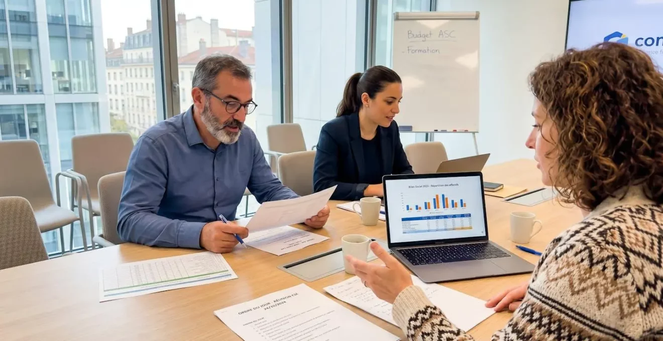 Trois élus du CSE assis autour d'une table de réunion, vus de dos et de profil, discutant de documents épars dans une salle de réunion d'entreprise contemporaine lumineuse