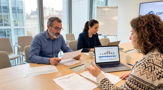 Trois élus du CSE assis autour d'une table de réunion, vus de dos et de profil, discutant de documents épars dans une salle de réunion d'entreprise contemporaine lumineuse