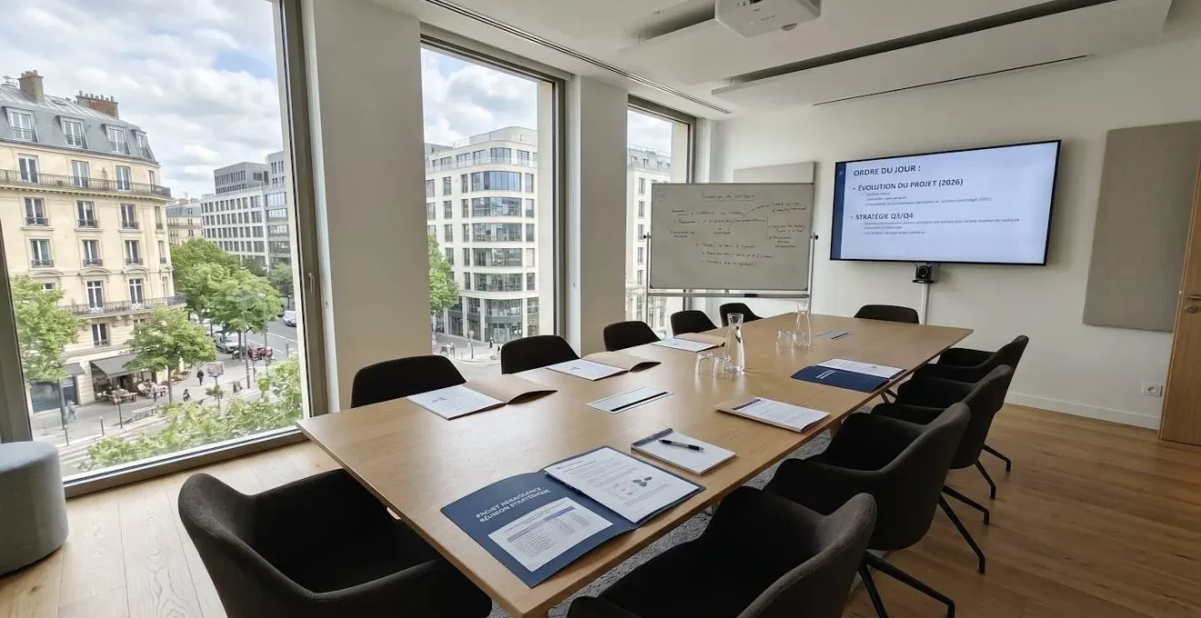Salle de réunion d'entreprise moderne vide avec quelques dossiers ouverts sur la table, lumière naturelle abondante venant des fenêtres